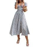 Mojoyce Fashion Floral Printed Summer Dress  Women Puff Short Sleeve Casual BOHO Front Lace-Up Vintage Sundress Party Wear