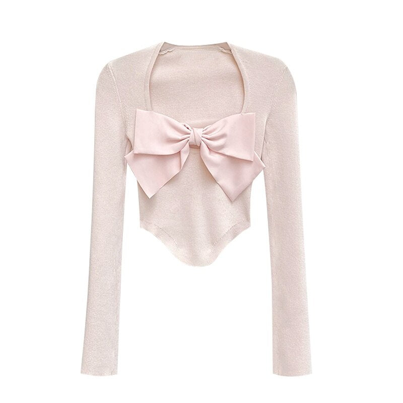 Mojoyce Kawaii Bow Sweet Knitted Blouse Women Elegant Party Y2k Crop Tops Casual Pure Color Corset Tops Fall Top