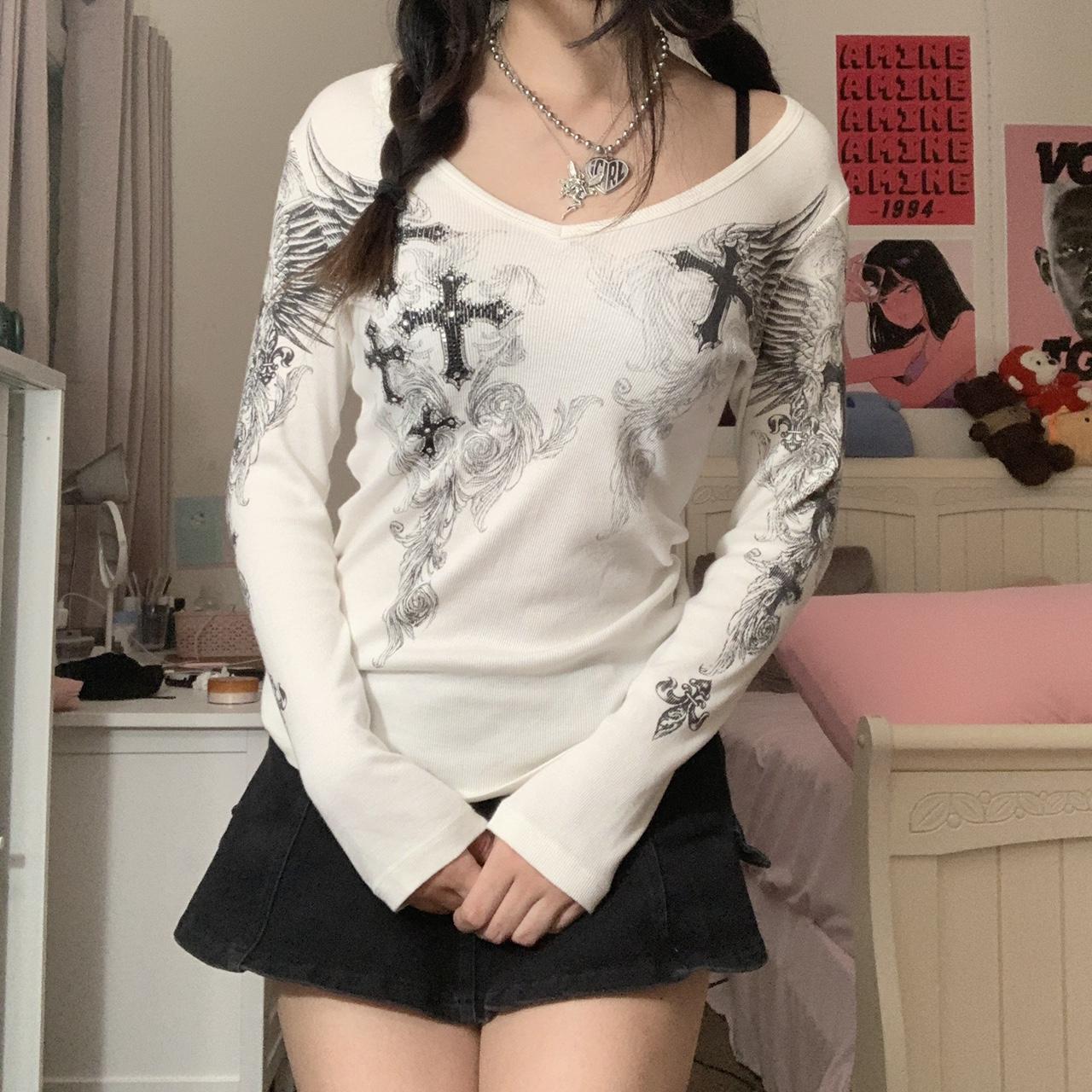 Mojoyce  Harajuku White T-Shirts Aesthetic Printed Long Sleeve Crop Top Dark Academia Tee Autumn Grunge Vintage Tops Women