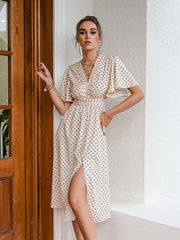 Mojoyce Chic polka dot botton a-line dress women Bell sleeve high waist maxi vestido elegant Office white dresses summer 2022