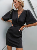 Mojoyce Luxury black short sleeve summer women dress 2022 Sexy V-neck solid High Street dress Elegant A-line ladies mini Vestido