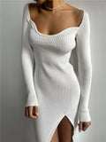 Mojoyce Winter 2022 Long Sleeve Midi Sweater Split Dress Women Knitted Ribbed Basic Bodycon Sexy V Neck Off Shoulder Dresses