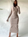 Mojoyce Autumn 2023 Long Sleeve Hooded Dress Maxi Women Vintage Ruffles Elegant Dresses Khaki Split Reverse Side