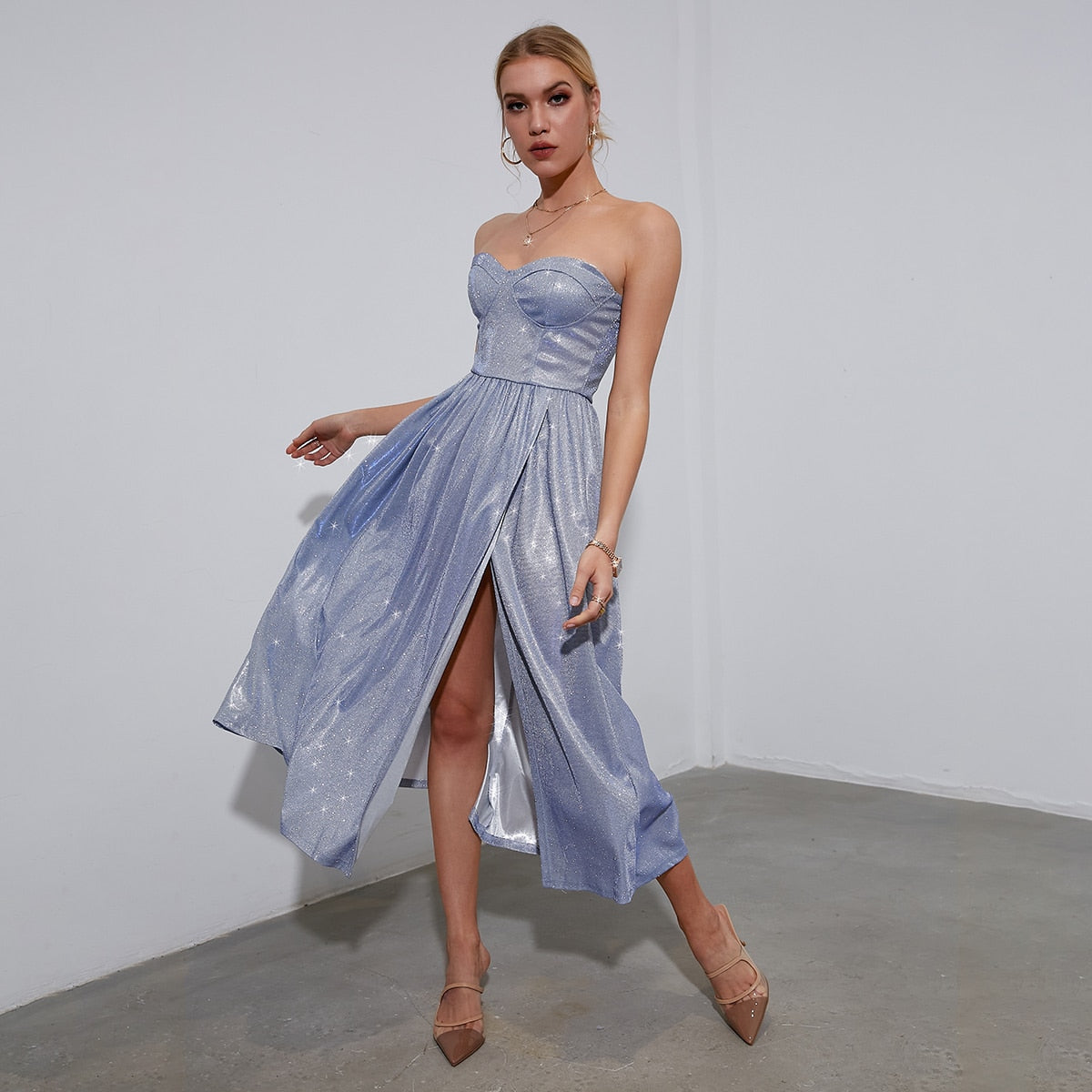 Mojoyce Strap corset sequin party dress elegant evening long dress Women pleated split blue vestidos Summer tube frills dresses