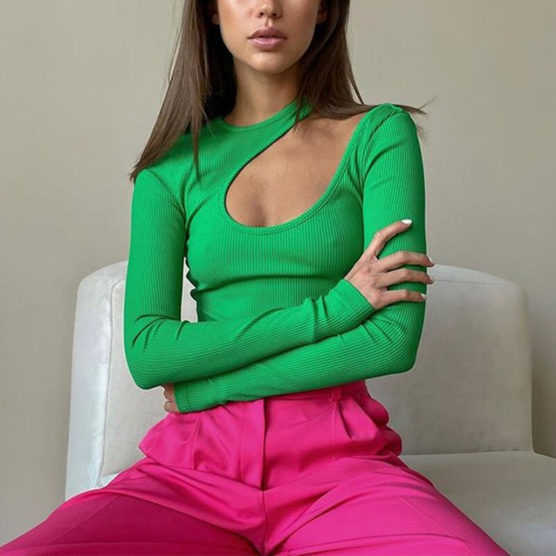 Mojoyce Women Ribbed Cutout Bodysuit Female Basic Sexy  Asymmetrical Bodycon Top Casual Long Sleeve Fashion Slim T Shirts