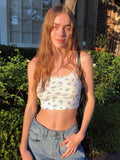 Mojoyce Floral Printed Kintted Spaghetti Strap Top Women White Cute Casual Sleeveless Camis Tops Tees Patchwork Lace Crop Top