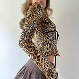 Mojoyce Leopard Print Lace Trim Bandage V Neck Crop T Shirt Women Sexy Long Sleeve Cardigan Top 2000s Fashion Vintage Tees