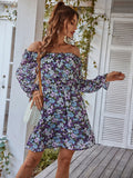 Mojoyce Fashion Women's Printed A Line Short Dress 2022 New One Shoulder Long Sleeve Casual High Waist Chic Floral Dress