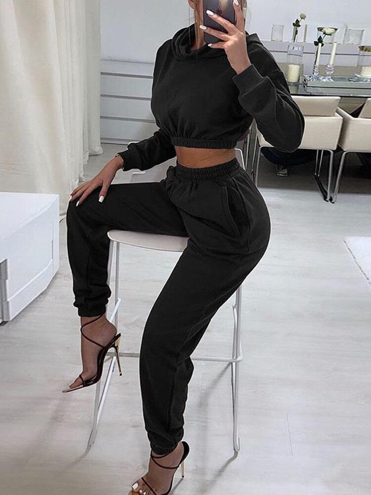 Mojoyce Autumn Winter Chic Women Casual Solid Tracksuit Long Sleeve Outfit Hoodies Trouser Sport Sweatsuits 2 Piece Pant Set Female