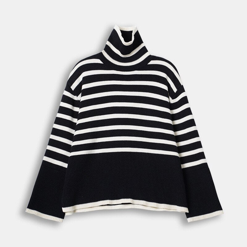 Mojoyce Winter Women’S Long Sleeves Knit Sweater Turtleneck Striped Print Loose Pullover Tops 2022 New Autumn Oversized Sweater