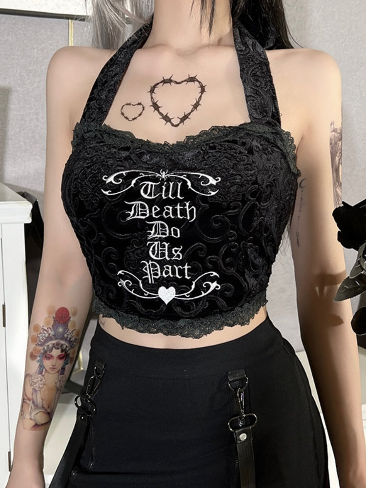 Mojoyce Sexy Women Tops Gothic Halter Tees Black Harajuku Bodycon Bandage Lace Patchwork Y2k Cropped Top Grunge Goth Streetwear