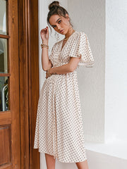 Mojoyce Chic polka dot botton a-line dress women Bell sleeve high waist maxi vestido elegant Office white dresses summer 2022