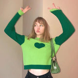 Mojoyce Heart-Shaped Female Knitted Sweater Contrast Spliced Pullover Crop Tops Korean Fashion Streetwear Sweet Outfit Cuteandpsycho