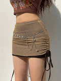 Mojoyce Y2K Retro Bodycon Fishnet Mini Skirts Harajuku Drawstring High Waist Summer Skirt Women Aesthetic Double Layer