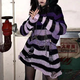 Mojoyce Gothic Sweater Women Knitted Grunge Striped Pullovers Punk Hollow Out Loose Jumper  Alternative Clothing Emo Long Sleeve Y2k Top