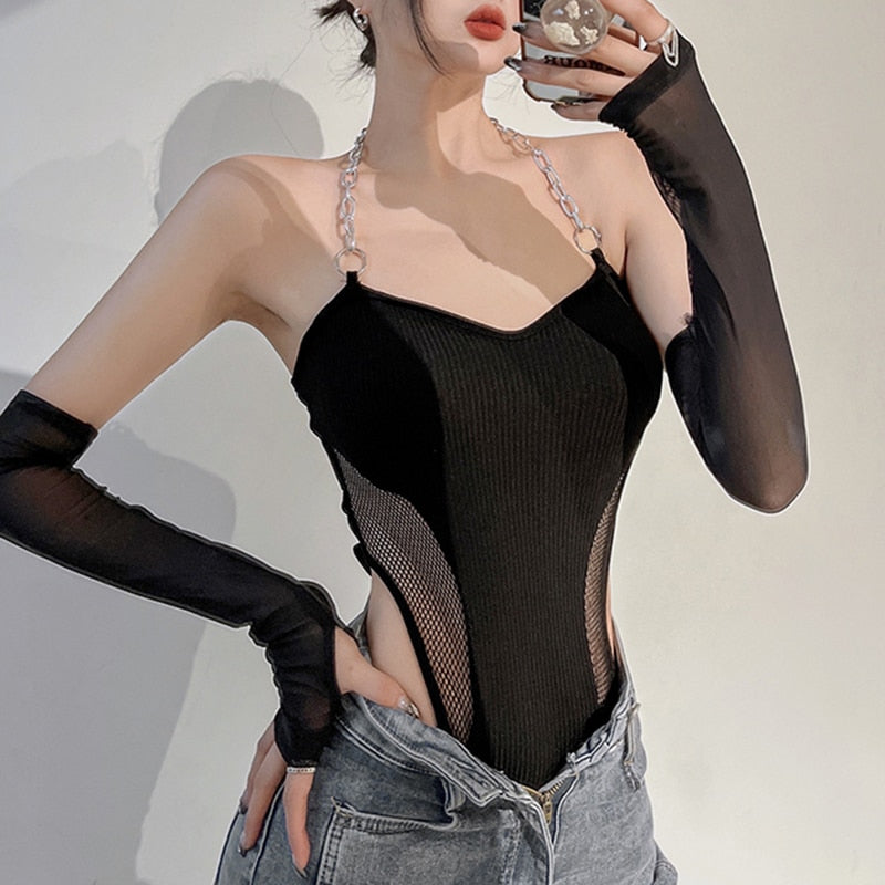 Mojoyce Darlingaga Streetwear Chain Halter Black Fishnet Skinny Sexy Bodysuit Summer Backless Female Body Club Party Catsuit With Gloves
