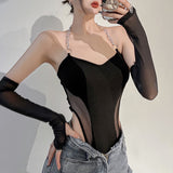 Mojoyce   Streetwear Chain Halter Black Fishnet Skinny Sexy Bodysuit Summer Backless Female Body Club Party Catsuit With Gloves