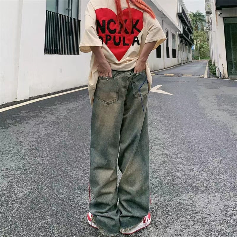 Mojoyce Hole Trend Girl Denim Straight Pants Y2K Hiphop  High Street Retro Hot Hig Waist Baggy Wide Leg Jeans Woman