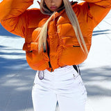 Mojoyce 2023 Solid Turtleneck Zipper Jacket Padded Puffer Parkas Jackets With Pocket Winter Women Long Sleeve Loose Short Warm Coat