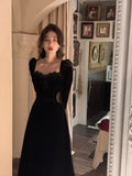 Mojoyce 2023 Autumn Black Velvet Midi Dress Casual Korean Fashion Elegant Party Dress Woman Long Sleeve Vintage Lace Dress Slim Design