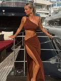 Mojoyce 2023 One Shoulder Beach Maxi Dress Women Summer Brown Backless Sleeveless Split Elegant Dresses Party