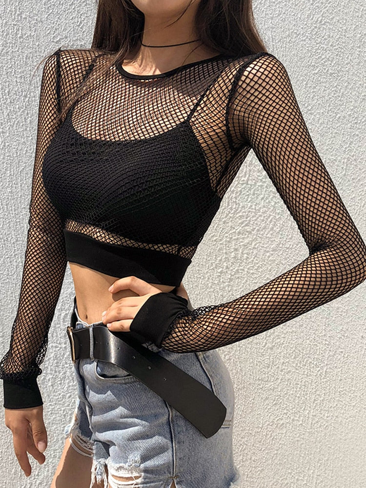 Mojoyce Heyoungirl Sexy Mesh Crop Tops Tee Shirt Femme Hollow Out Black Tshirt Women See Trough Long Sleeve Streetwear Fishnet T Shirt