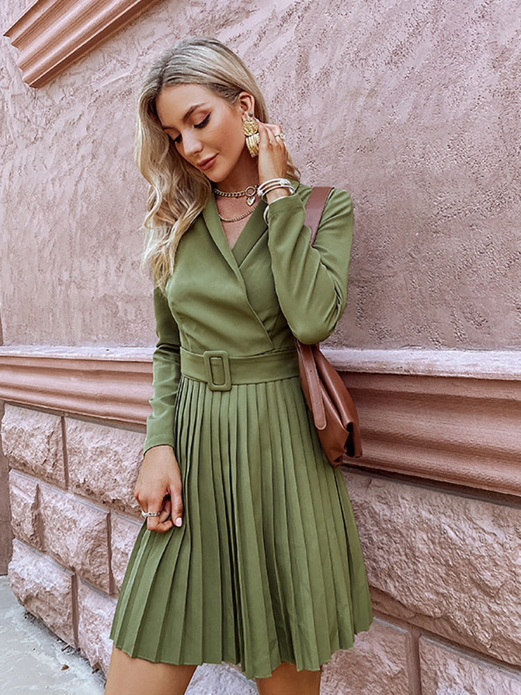 Mojoyce Elegant v-neck A-line pleated midi dress women green Office long sleeve belt blazer dresses Casual female vestidos 2022