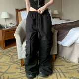 Mojoyce Women Korean Pleats Cargo Sweatpants Fashion Y2K Low Waist Pocket Wide Leg Pants Street Harajuku Joggers Hip Hop Girl