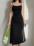 Mojoyce Summer Backless Party Midi Dress Women Black Sleeveless Strap A Line Dresses Ladies Elegant Slim Ruched