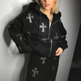 Mojoyce  Retro Rhinestone Gothic Hoodies Women Korean Fashion Zip Up Long Sleeve Hip Hop Joggers Sweatshirt Y2k Aesthetic Hooded Jackets