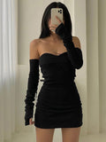Mojoyce Black Strapless Bodycon Mini Dress Women With Sleeves Party Off Shoulder Short Dresses Ladies Cotton Night Club