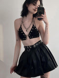 Mojoyce Streetwear Metal Chain Halter Top Female Cropped Eyelet Fashion Tank Tops Backless Party Vest Summer Punk Gothic