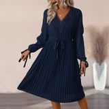 Mojoyce 2023 New Fashion Women's Temperament Hollow Out V Neck Long Sleeve Solid Color Spring Autumn Long Dress