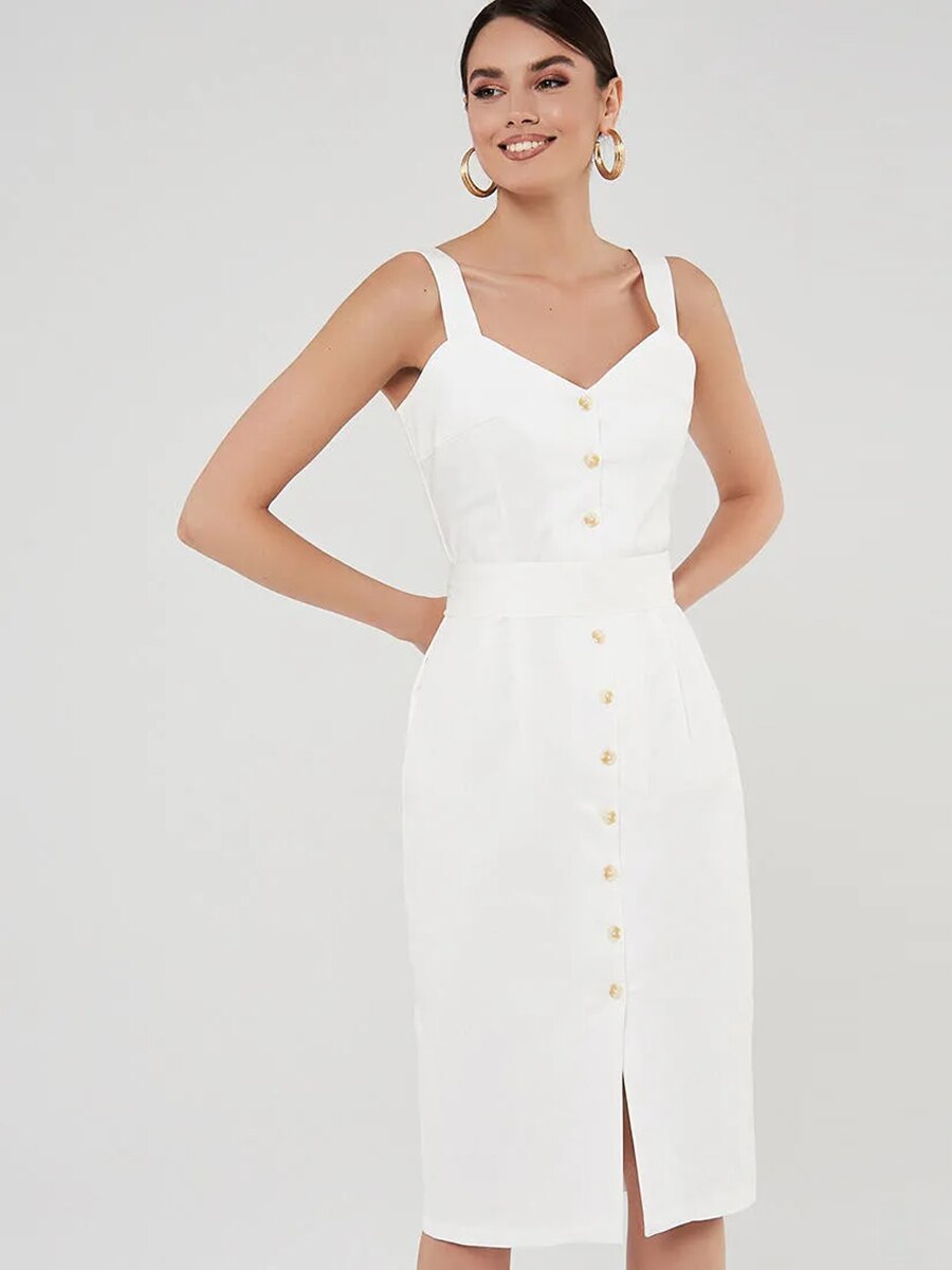 Mojoyce Casual V Neck Backless White Dress Solid Color High Waist Single-Breasted Straight Summer Dresses For Women 2022