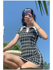 Mojoyce-hoco dresses -hoco dresses  Black Plaid Dress Women Short Sleeve Summer Sexy Hollow Out Bodycon Mini Dresses High Street Korean Fashion Robe