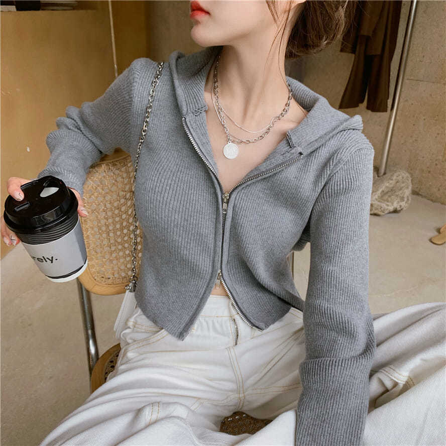 Mojoyce  Deeptown Knitted Sweater Women Vintage Zip Up Cropped Cardigan Long Sleeve Jumpers Streetwear Korean 2022 Fall Fashion Casual