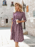Mojoyce Elegant A-line polka dot women dress autumn Office lady o-neck belt women midi dresses Half sleeve female purple vestido