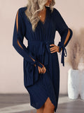 Mojoyce 2023 New Fashion Women's Temperament Hollow Out V Neck Long Sleeve Solid Color Spring Autumn Long Dress
