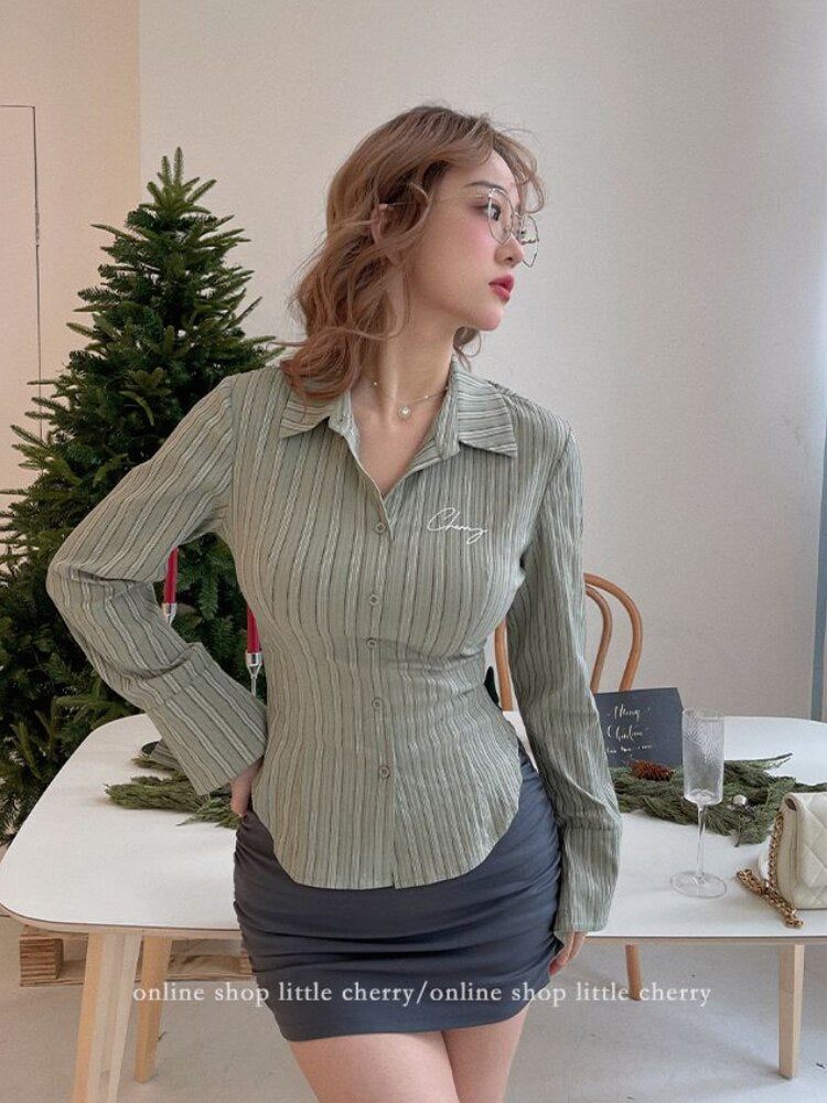 Mojoyce Bodycon Striped Shirt Long Sleeve Slim Women Blouses Green Chic Vintage Embroidery Tops Back to School Outfits