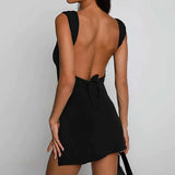 Mojoyce Sexy Lady Folds Waist Slit Mini Dress Square Collar Black Sleeveless Backless Bodycon Sundress Minimalist Clubwear