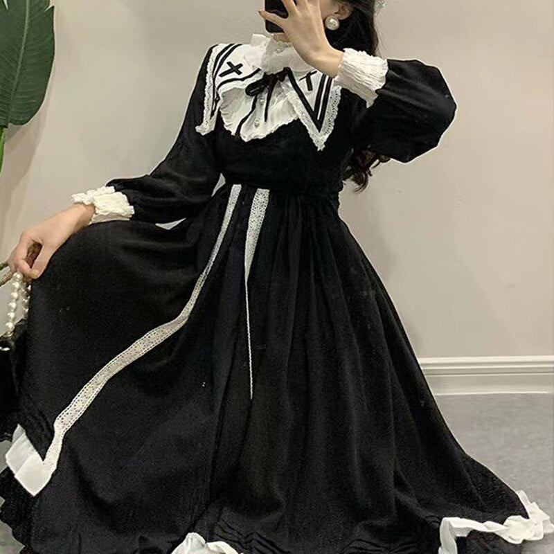 Mojoyce Goth Aesthetic Clothing Black Mini Dress Woman Puff Long Sleeve Fake Two Pieces Patchwork Dresses Harajuku Y2k Streetwear
