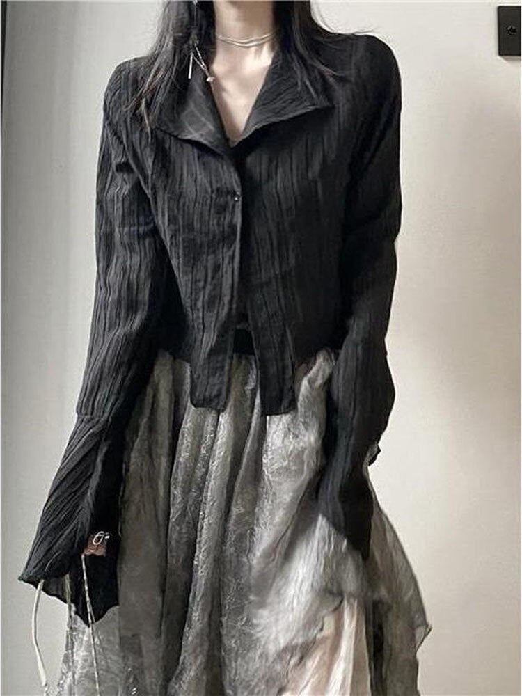 Mojoyce  Deeptown Y2k Blouse Women Vintage Black Shirt Gothic Harjauku Pleated Button Up Korean Dark Tight Long Sleeve Aesthetic Female