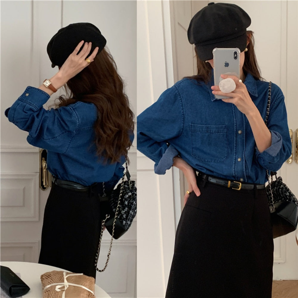 Mojoyce Women Blouse Female Shirt Womens Blouses Spring Maxi Blusas Casual Cowboy Vintage Long Sleeve Denim Oversize Loose Blue