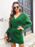 Mojoyce Fall Winter New Casual V Neck Doll Sleeve Solid Color Knitted Hip Dress For Ladies Fashion High Waist Chic Dresses