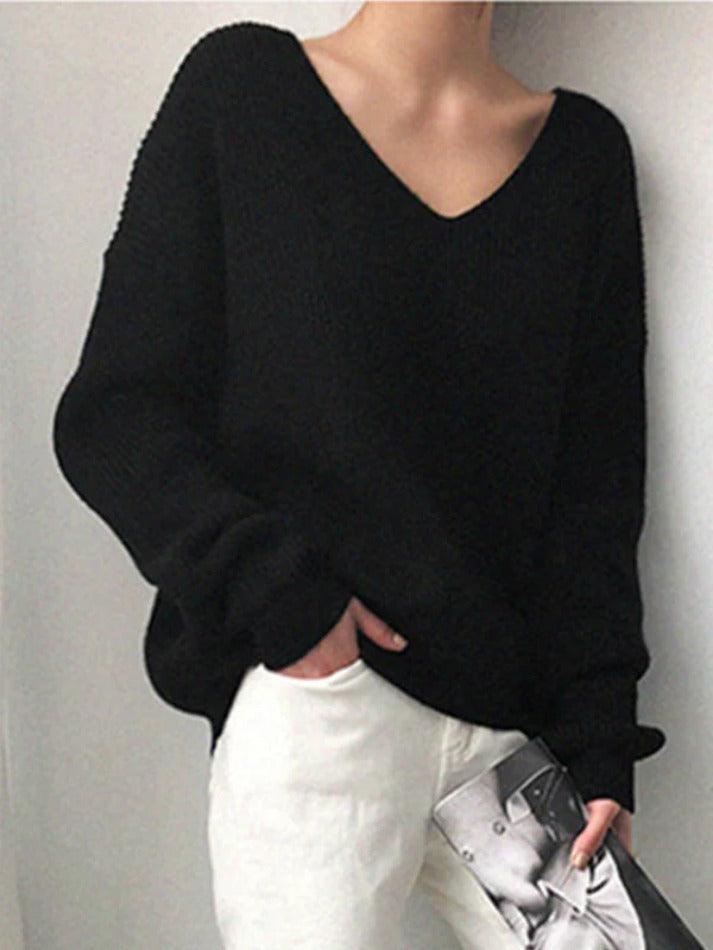 Mojoyce-Solid V Neck Irregular Hem Baggy Knit Sweater