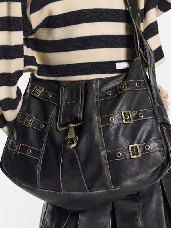 MOJOYCE-Buckled Strap Pu Leather Shoulder Bag