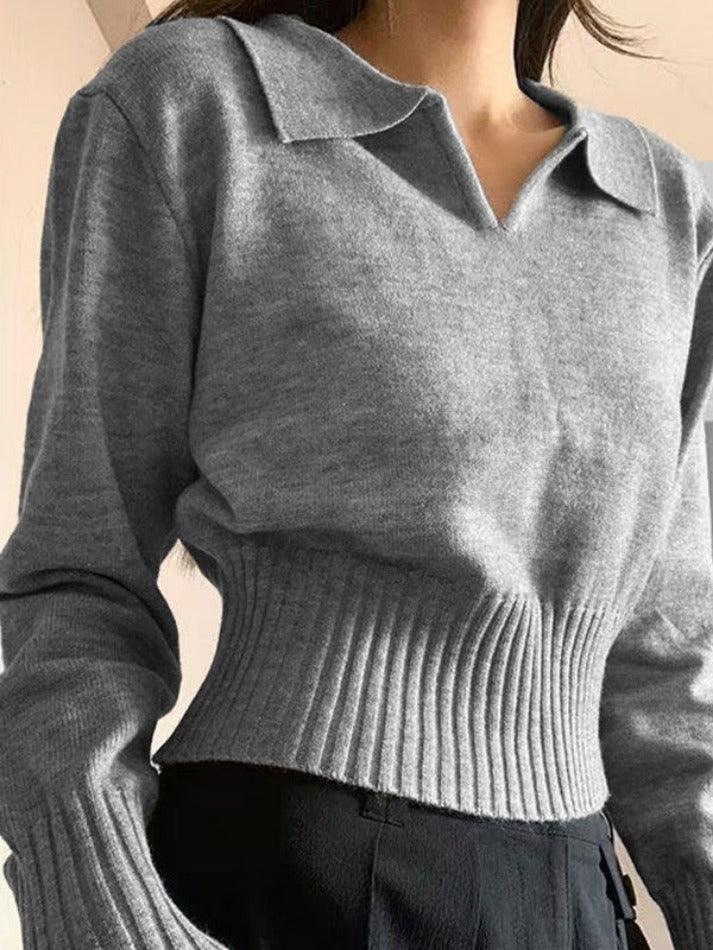Mojoyce-Solid Color V Neck Slim Short Polo Sweater