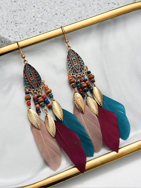 Mojoyce-National Original 5 Colors Feather Tassels Beads Chains 6 Colors Earrings