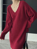 Mojoyce-Simple Loose Long Sleeves Solid Color V-Neck Sweater Dresses