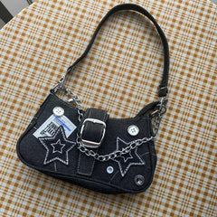 MOJOYCE-Chain Detail Star Buckled Denim Shoulder Bag